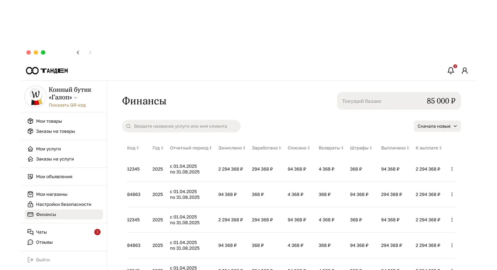 Таблица финансов в десктопном кабинете